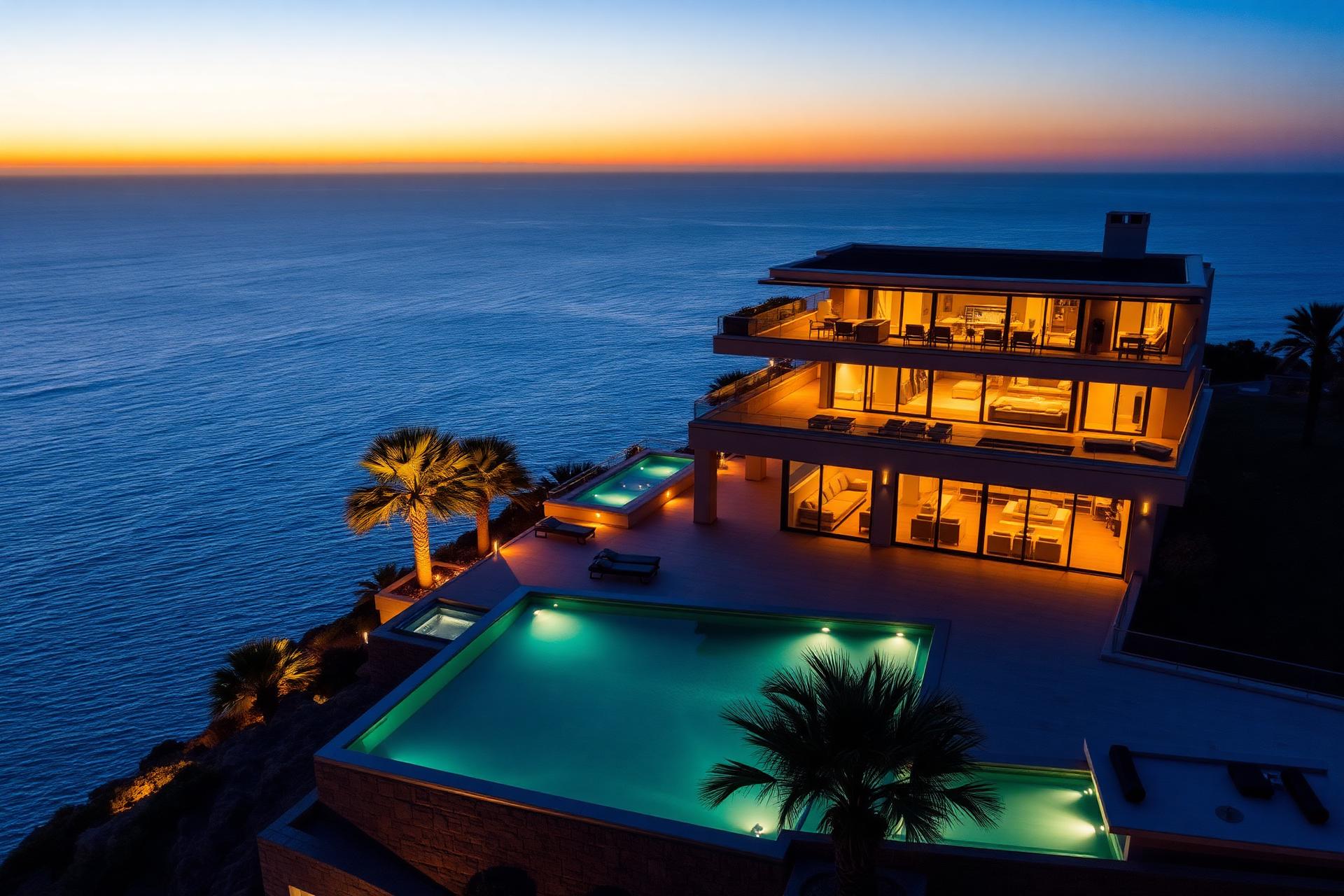 Luxury cliffside estate at twilight
